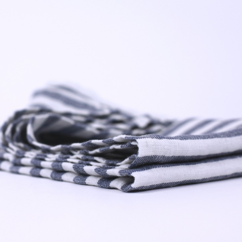 Linen Kitchen Towel crop edge detail product shot in color Blue with White Medium Stripe by LinenCasa for South Hous.