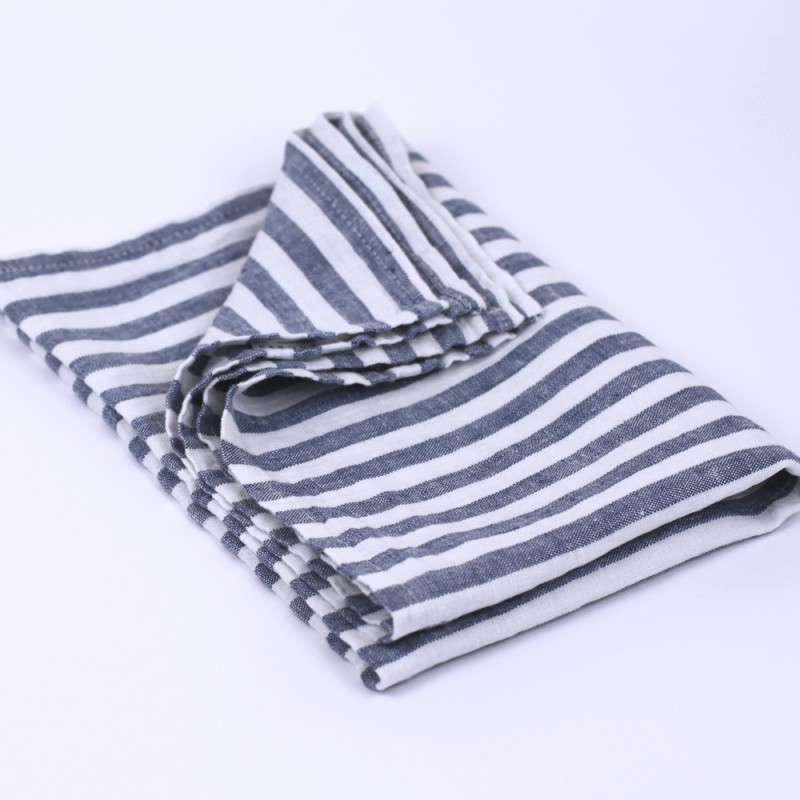 Linen Kitchen Towel flat lay fold detail product shot in color Blue with White Medium Stripe by LinenCasa for South Hous.