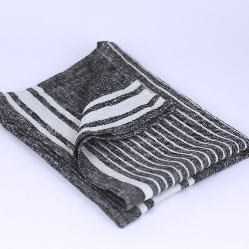 Linen Kitchen Towel flat lay fold detail product shot in color Black with White Stripe by LinenCasa for South Hous.