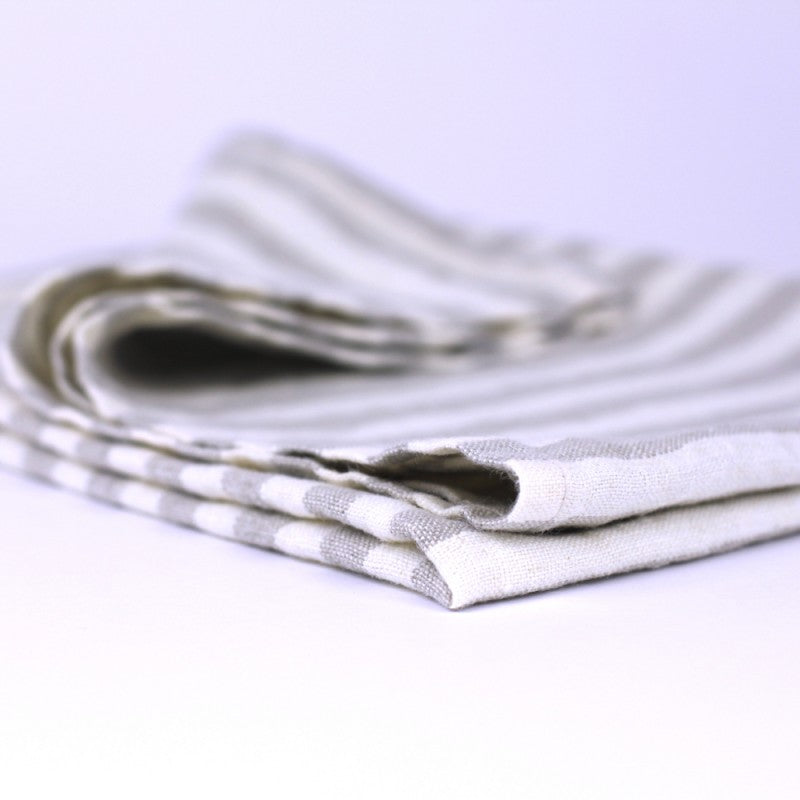 Linen Kitchen Towel crop edge detail product shot in color Grey with White Medium Stripe by LinenCasa for South Hous.