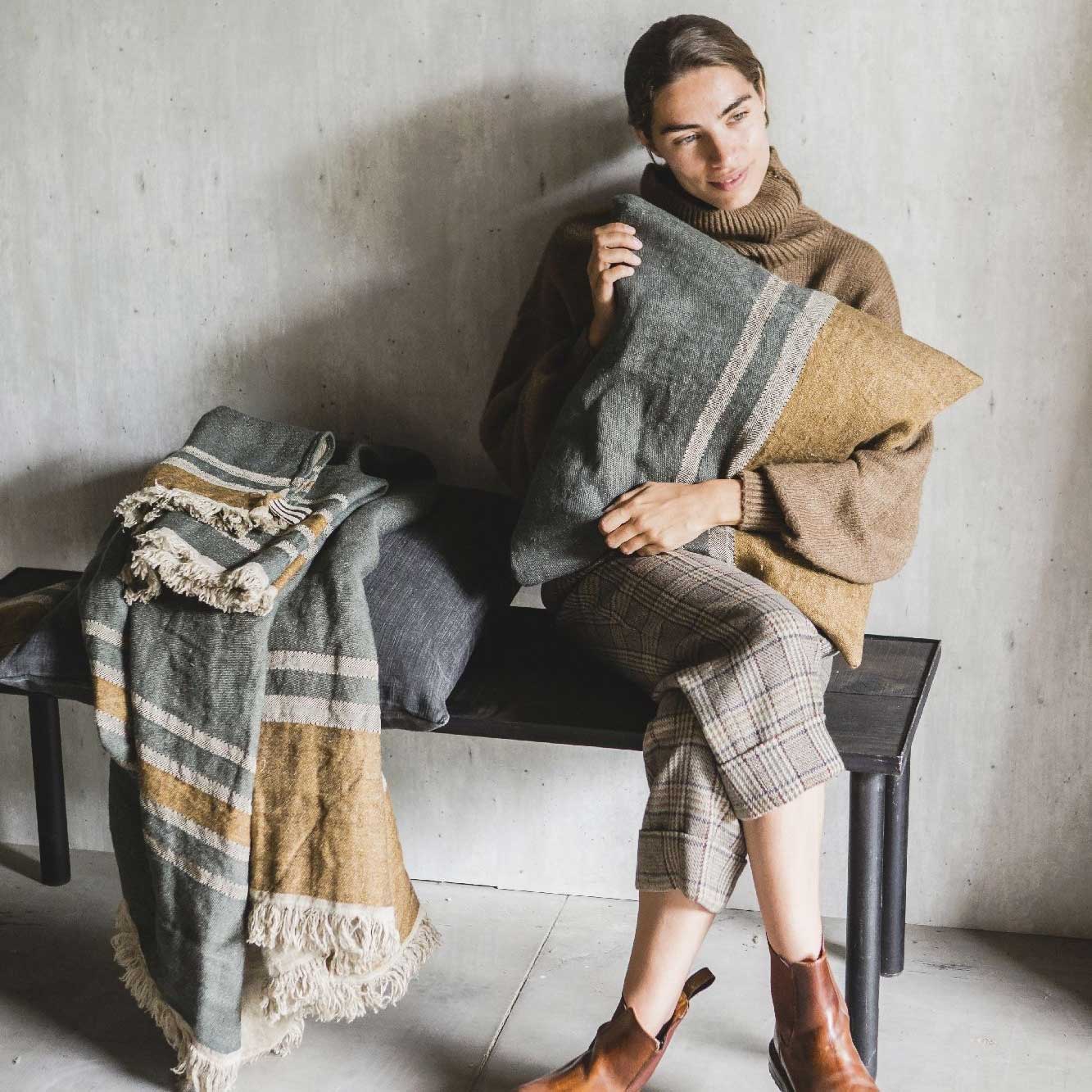 Belgian linen throw pillow cover lifestyle product shot in color Alouette by Libeco for South Hous.