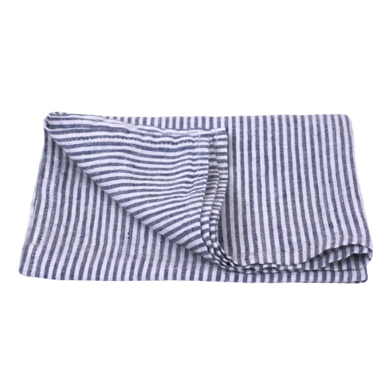 Linen Kitchen Towel flat lay detail product shot in color Blue White Thin Stripe by LinenCasa for South Hous.