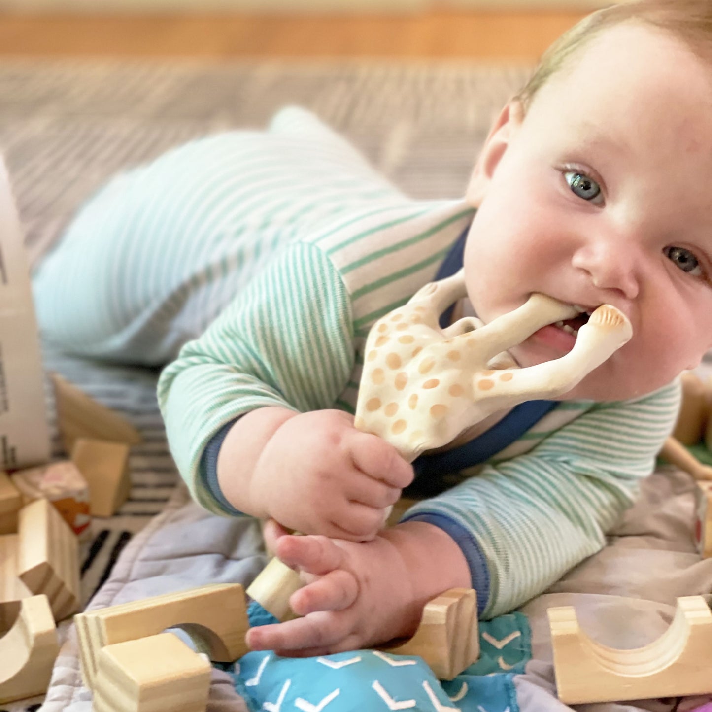 Sophie La Girafe White Box Classic Baby Teether lifestyle action product shot for South Hous.