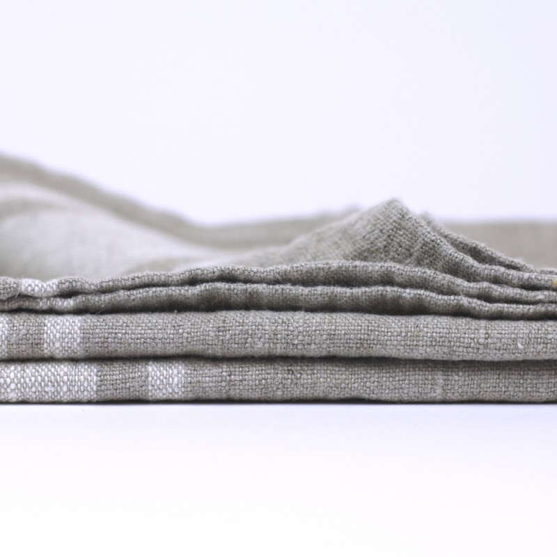 Linen Kitchen Towel crop edge detail product shot in color Light Natural Stripes by LinenCasa for South Hous.