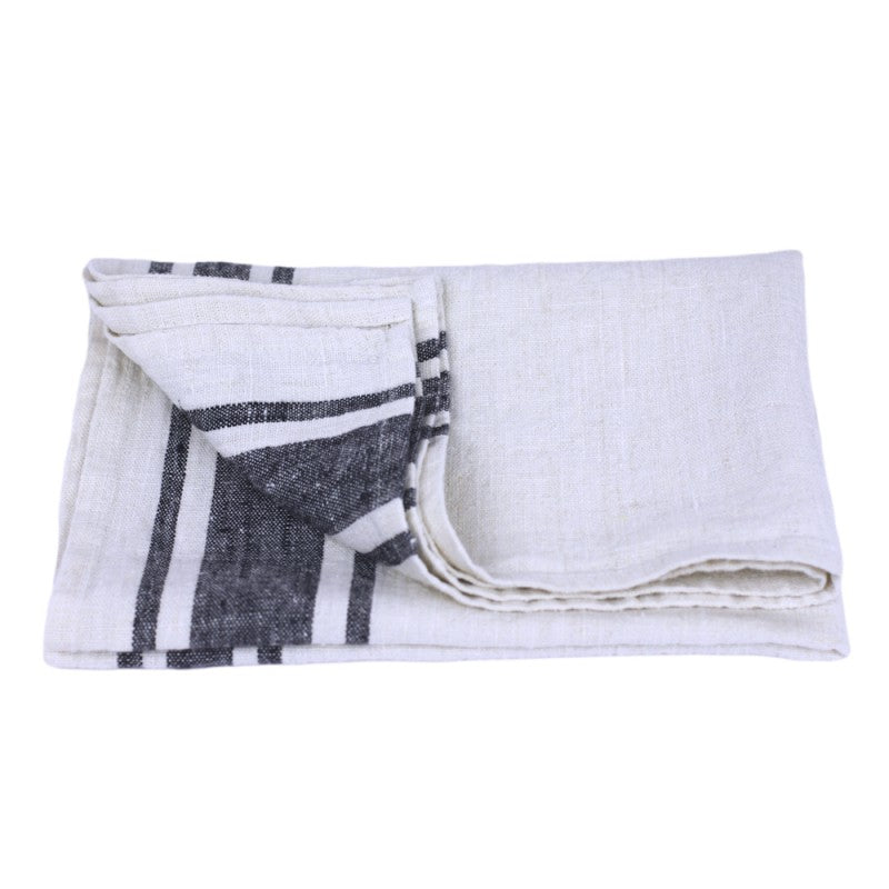 Linen Kitchen Towel flat lay detail product shot in color Antique White with Black Stripe by LinenCasa for South Hous.