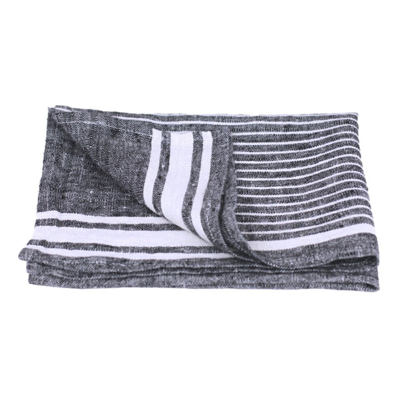 Linen Kitchen Towel flat lay detail product shot in color Black with White Stripe by LinenCasa for South Hous.
