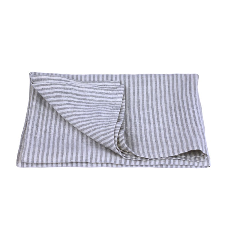 Linen Kitchen Towel flat lay detail product shot in color Grey White Thin Stripe by LinenCasa for South Hous.