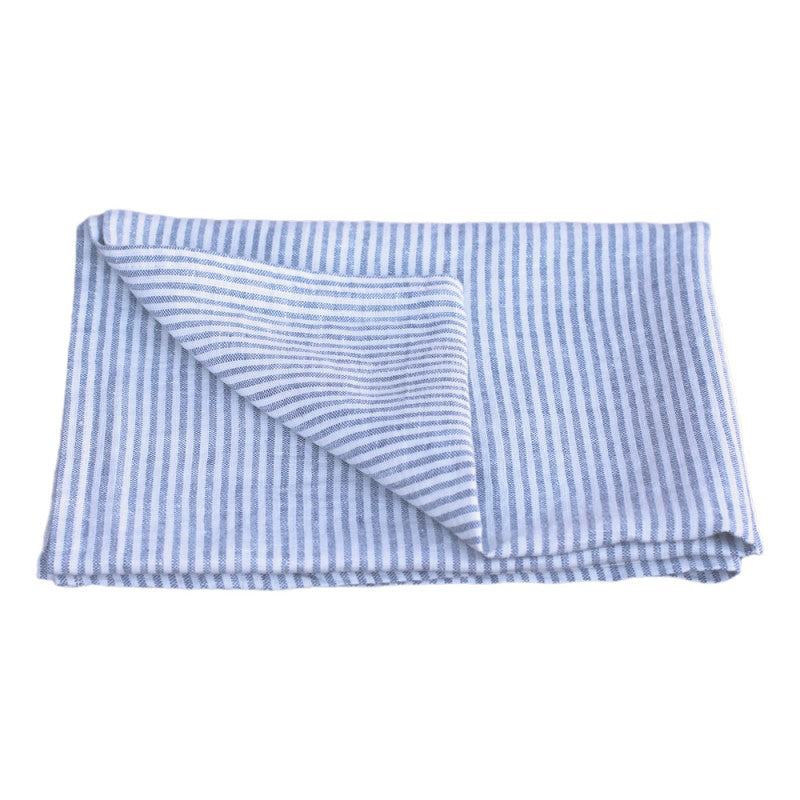 Linen Kitchen Towel flat lay detail product shot in color Light Blue White Thin Stripe by LinenCasa for South Hous.