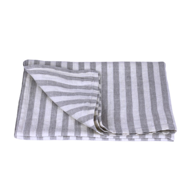 Linen Kitchen Towel flat lay detail product shot in color Grey White Medium Stripe by LinenCasa for South Hous.