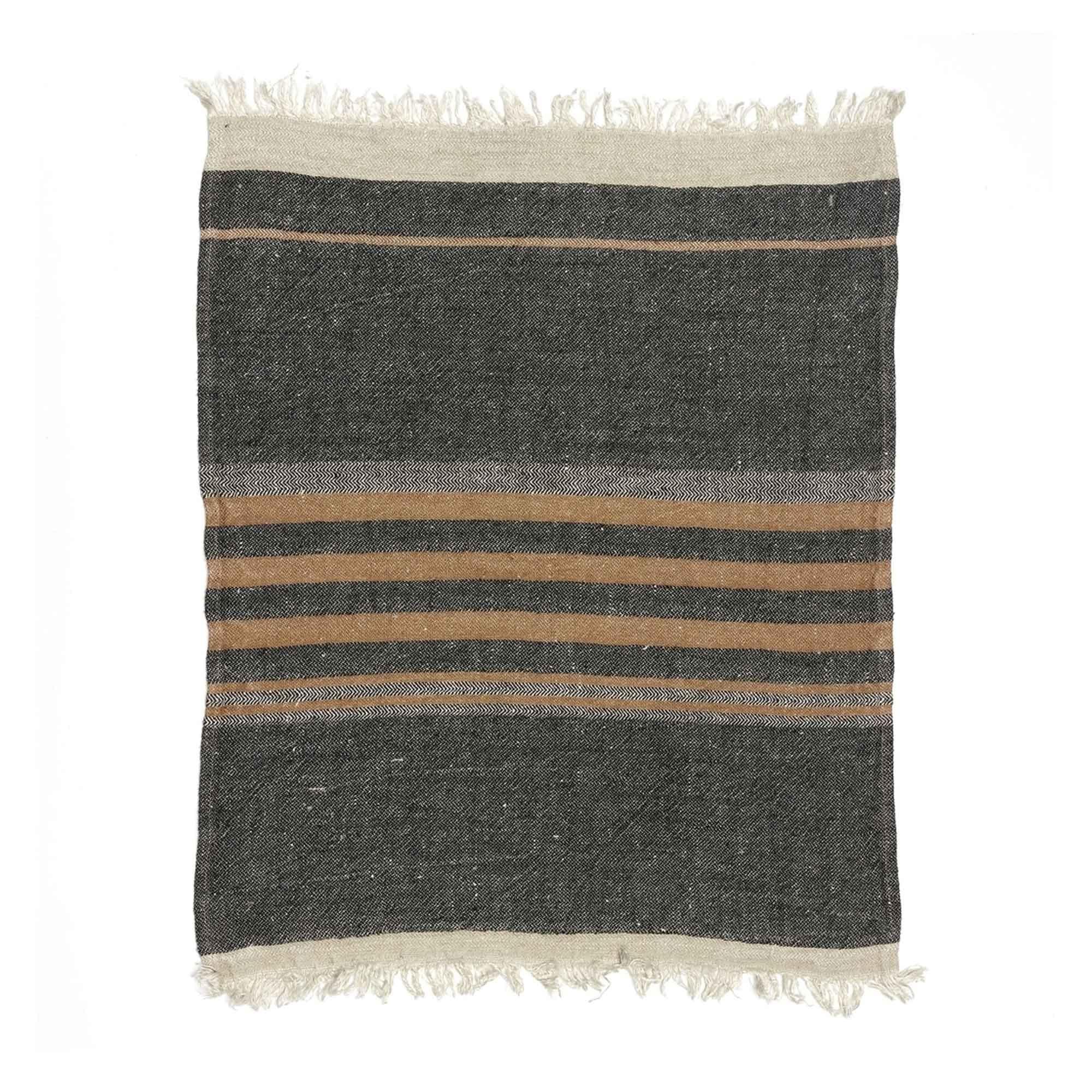 Belgian linen fouta throw blanket flat lay product shot in color Black Stripe by Libeco for South Hous.