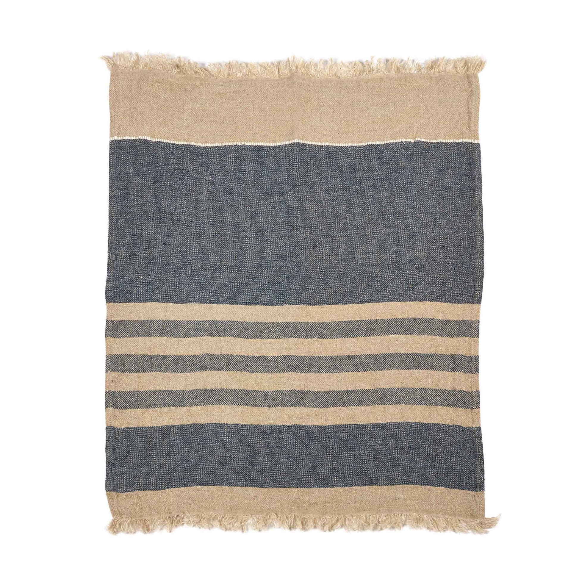 Belgian linen fouta throw blanket flat lay product shot in color Sea Stripe by Libeco for South Hous.