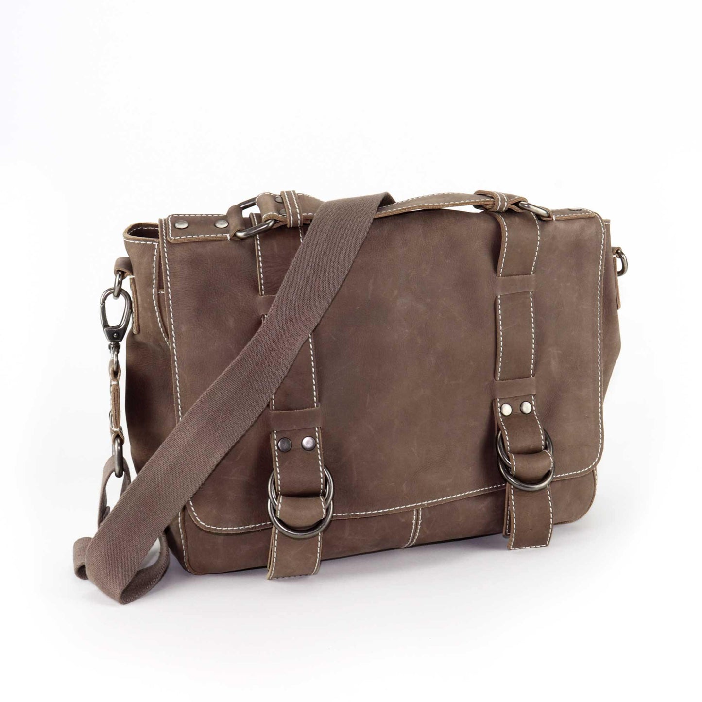 SOUTH HOUS EXCLUSIVE Bernardo Nubuck Leather Messenger crossbody satchel with fold over flap, double ring, and rivet deliver the news while stashing the booze