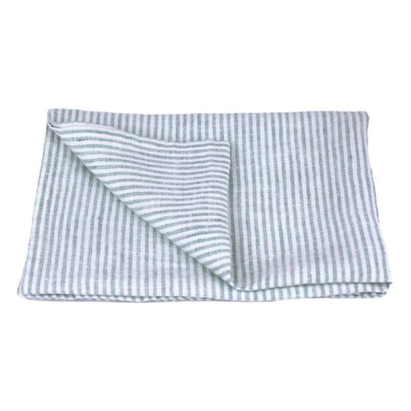 Linen Kitchen Towel flat lay detail product shot in color Light Green Thin Stripe by LinenCasa for South Hous.