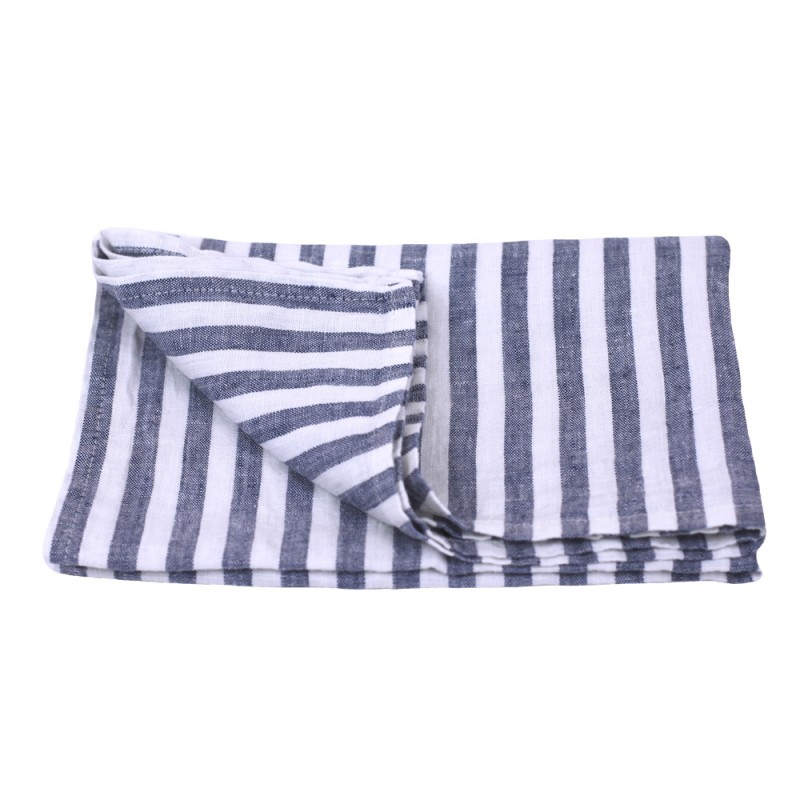 Linen Kitchen Towel flat lay detail product shot in color Blue with White Medium Stripe by LinenCasa for South Hous.