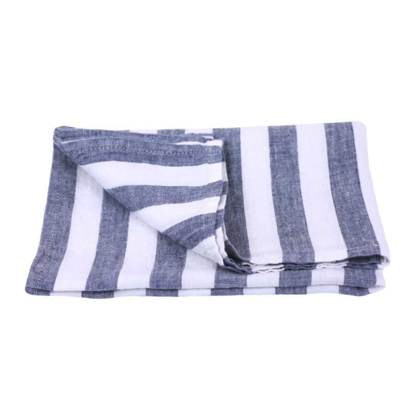Linen Kitchen Towel flat lay detail product shot in color Blue with White Wide Stripe by LinenCasa for South Hous.