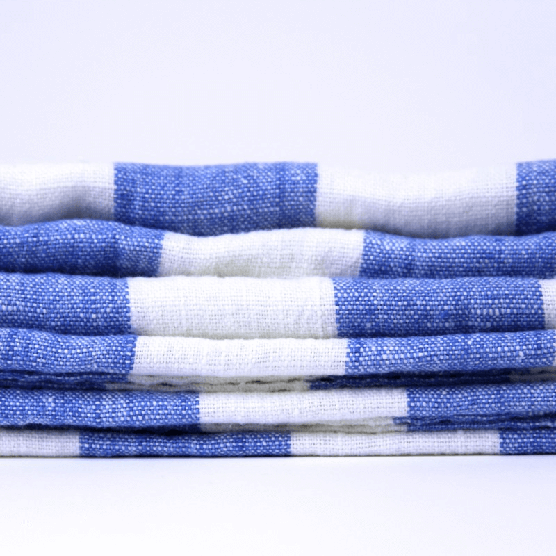 Linen Pool Towel stacked crop detail product shot in color White Light Blue Stripe by LinenCasa for South Hous.