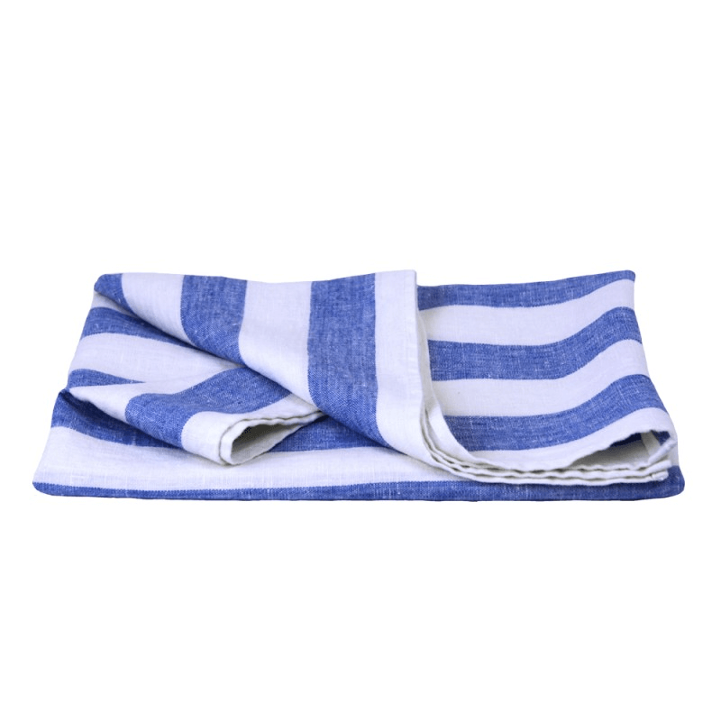 Linen Pool Towel flat lay detail product shot in color White Light Blue Stripe by LinenCasa for South Hous.