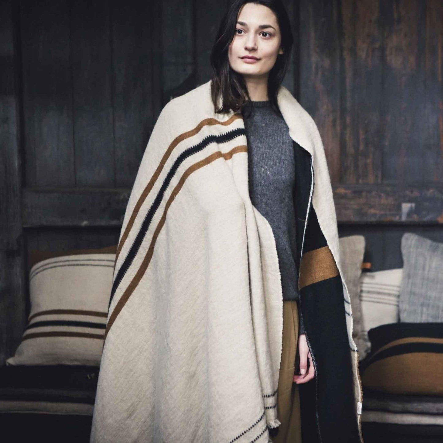 Linen and wool blend throw blanket lifestyle product shot in color Foundry by Libeco for South Hous.
