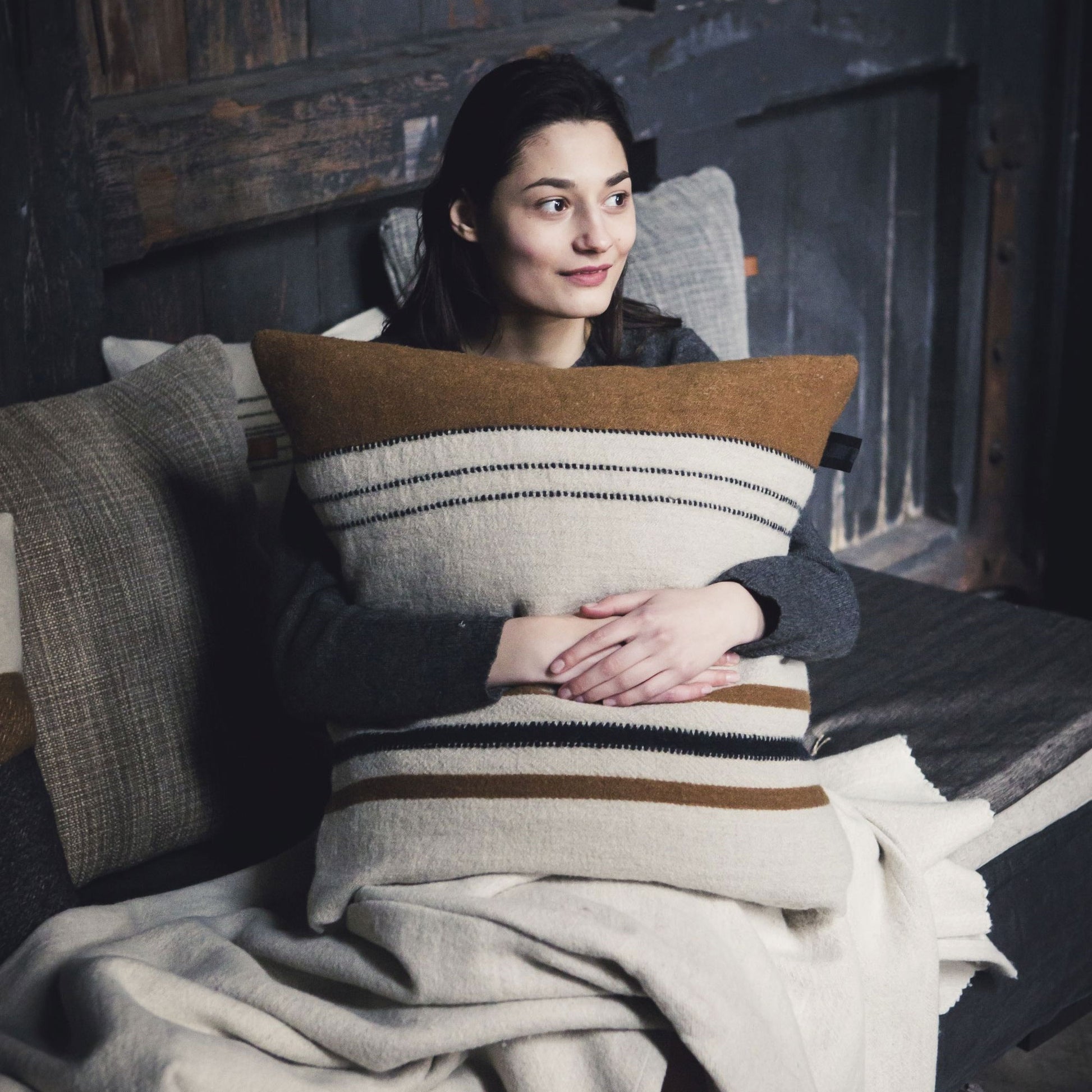 Linen and wool blend throw pillow cover lifestyle product shot in color Foundry by Libeco for South Hous.