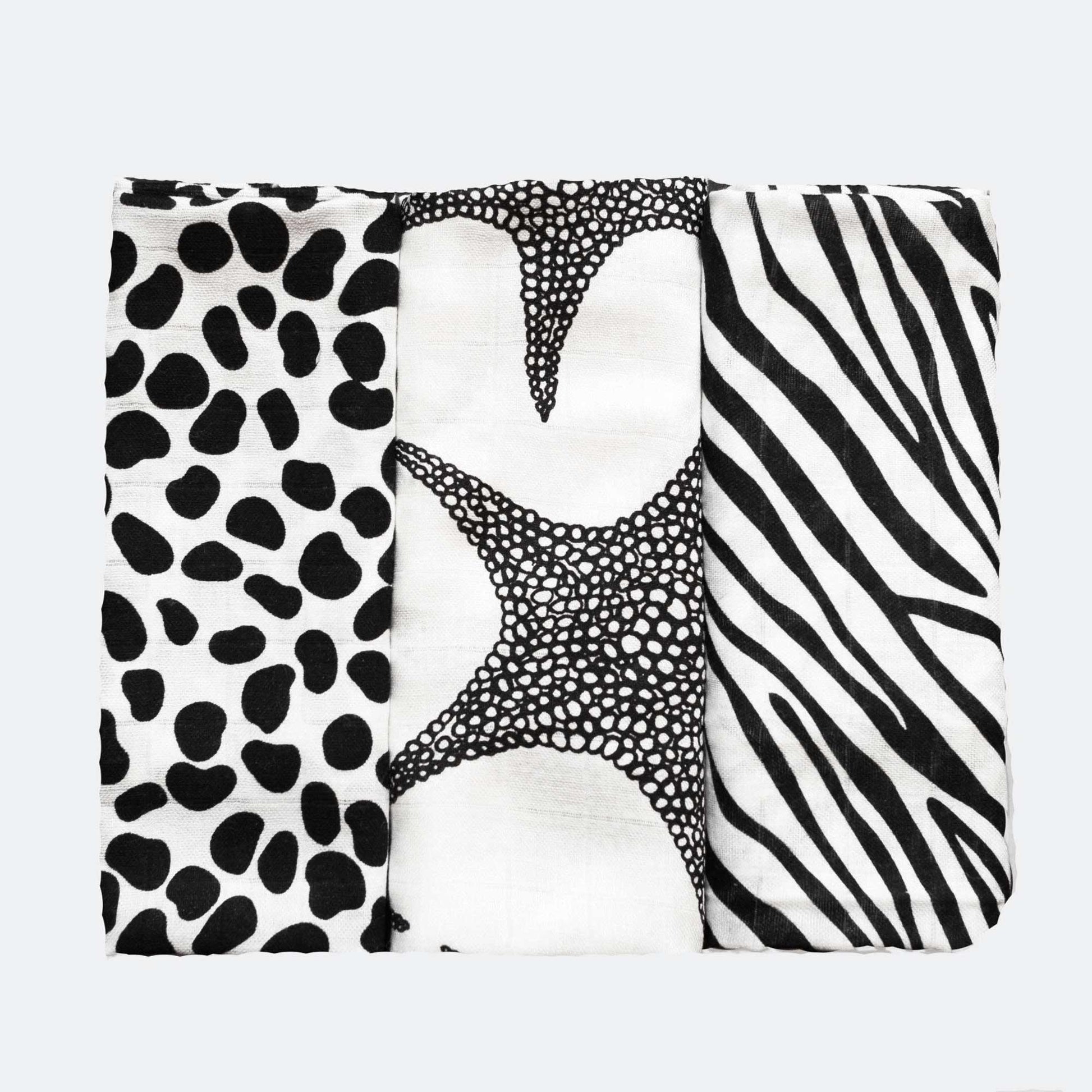 Keith Haring Pop Art Print Muslin Blanket 3-pack set in color Black & White animal print by Etta Loves for South Hous.
