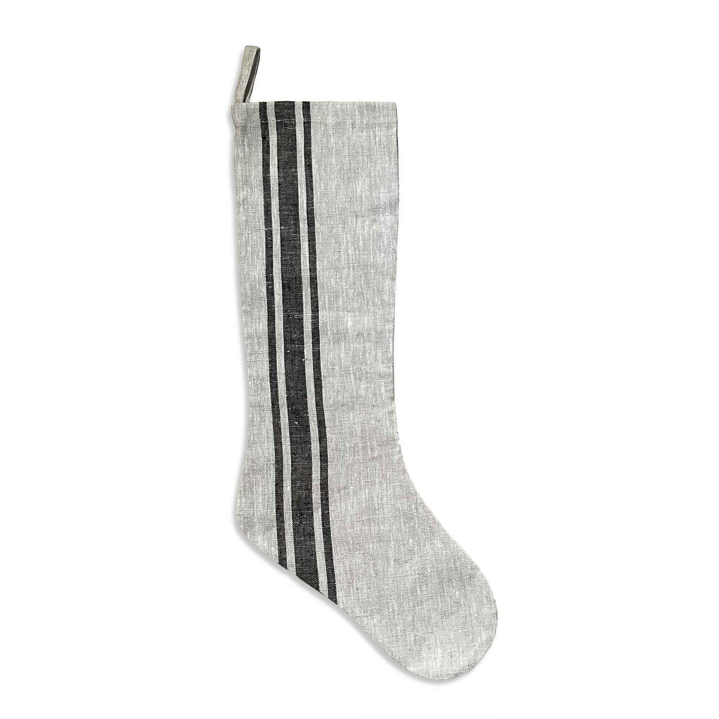 South Hous Scandinavian style Linen Holiday Stockings flat lay product shot in medium stripe.