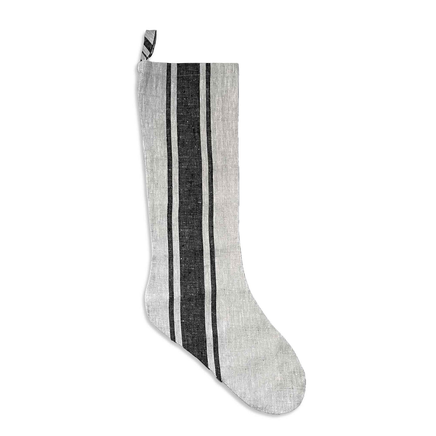 South Hous Scandinavian style Linen Holiday Stockings flat lay product shot in wide stripe.