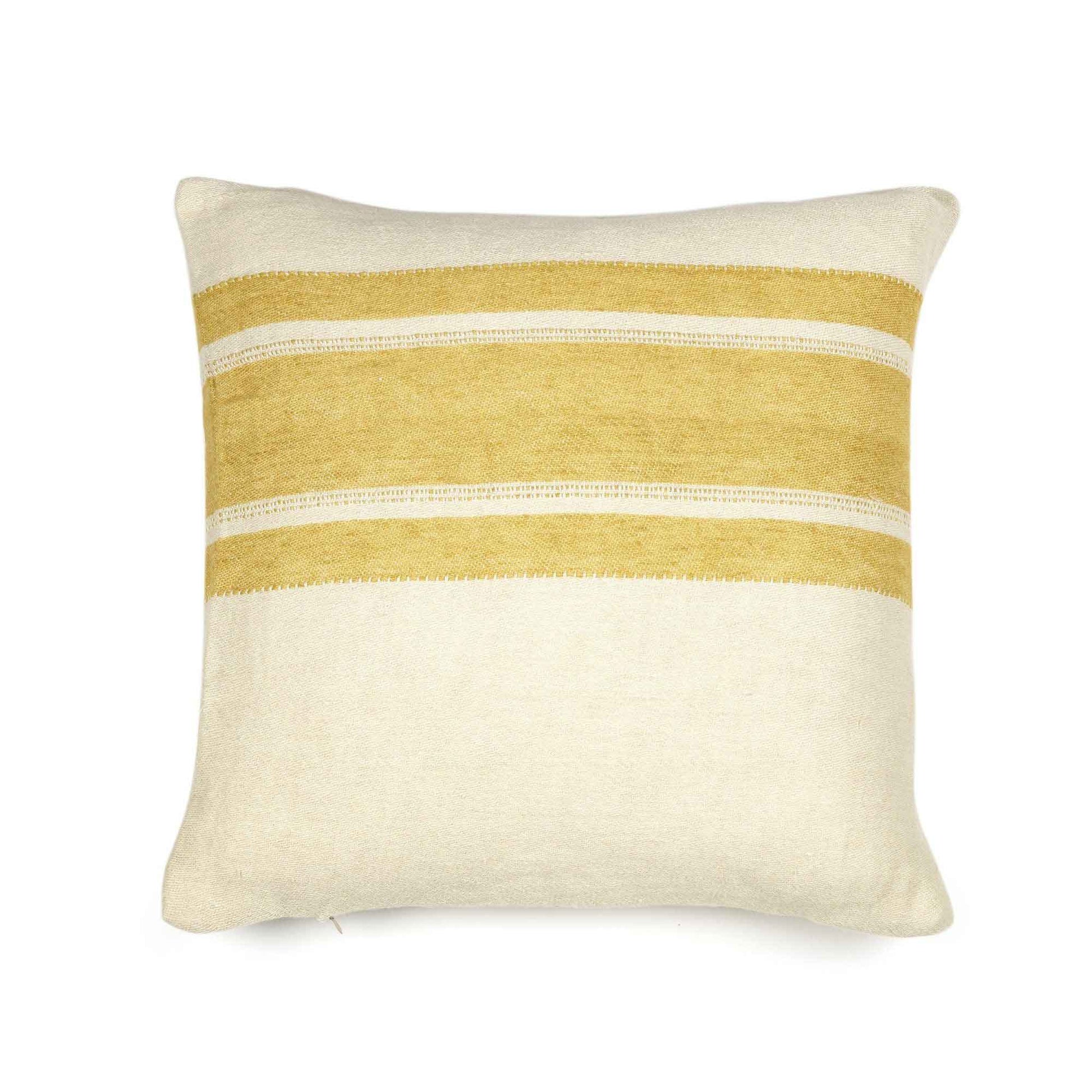 Belgian linen throw pillow cover flat lay product shot in color Mustard Stripe by Libeco for South Hous.